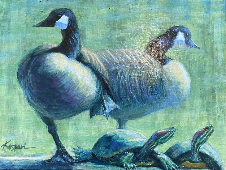 Debby Kaspari, BASKING (CANADA GEESE AND RED-EARED SLIDERS)
Oil on Canvas, 9 x 12 in. (22.9 x 30.5 cm)
KAS125